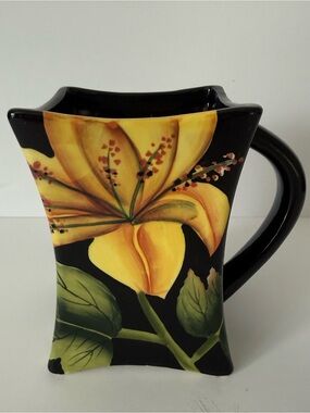 Vintage Pacific Rim Hand Painted Floral Mug Black Yellow Rose Large Coffee